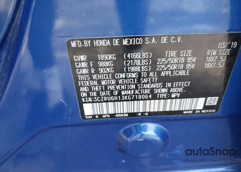 2019 Honda Hr-V Sport из США, поврежденный, VIN 3CZRU6H13KG718064